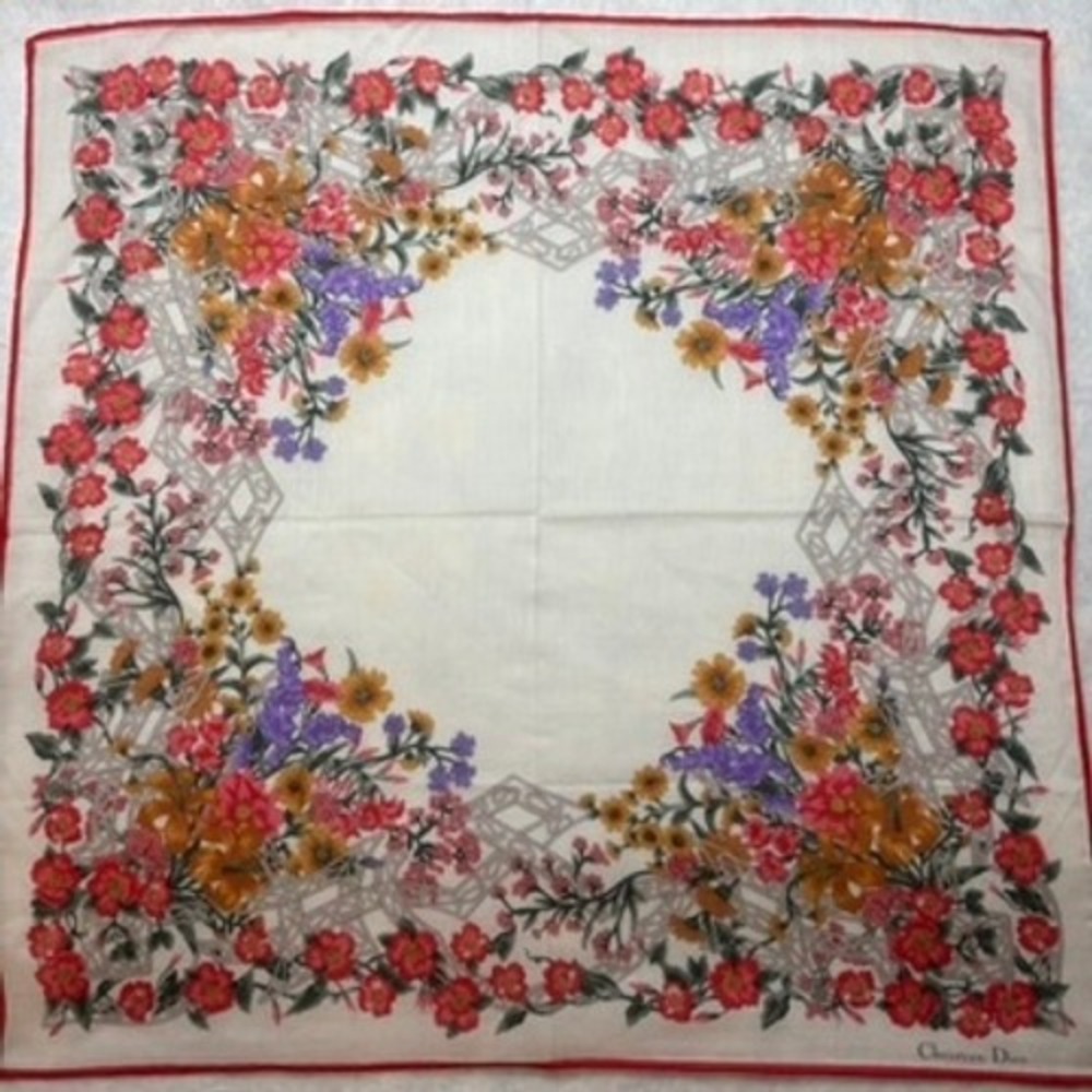 VTG CHRISTIAN DIOR Scarf Handkerchief Floral Motif Cotton White Red 19"